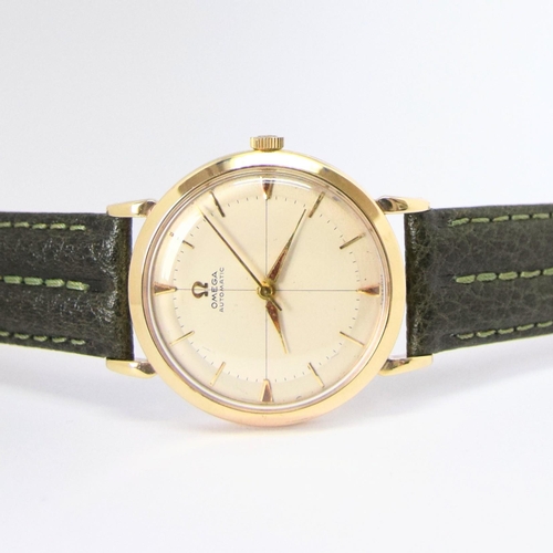 198 - OMEGA AUTOMATIC DRESS WATCH WITH CROSS HAIR DIAL MODEL 13308 IN 9CT GOLD 1958. SERIAL 16468179, REFE... 