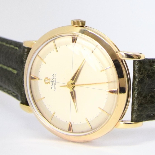 198 - OMEGA AUTOMATIC DRESS WATCH WITH CROSS HAIR DIAL MODEL 13308 IN 9CT GOLD 1958. SERIAL 16468179, REFE... 