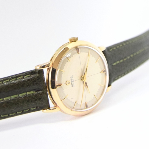 198 - OMEGA AUTOMATIC DRESS WATCH WITH CROSS HAIR DIAL MODEL 13308 IN 9CT GOLD 1958. SERIAL 16468179, REFE... 