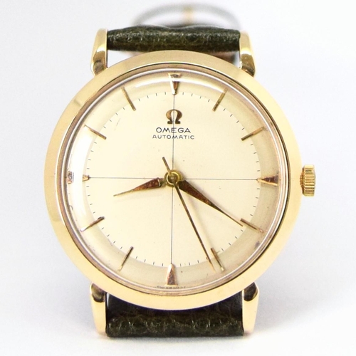 198 - OMEGA AUTOMATIC DRESS WATCH WITH CROSS HAIR DIAL MODEL 13308 IN 9CT GOLD 1958. SERIAL 16468179, REFE... 