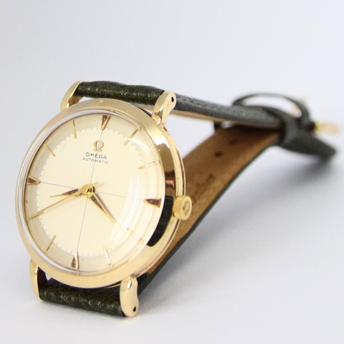 198 - OMEGA AUTOMATIC DRESS WATCH WITH CROSS HAIR DIAL MODEL 13308 IN 9CT GOLD 1958. SERIAL 16468179, REFE... 