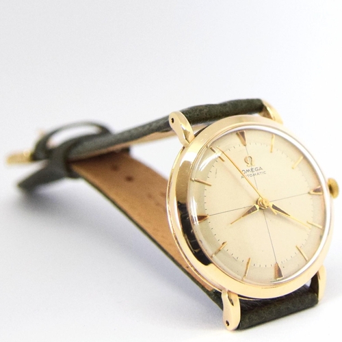 198 - OMEGA AUTOMATIC DRESS WATCH WITH CROSS HAIR DIAL MODEL 13308 IN 9CT GOLD 1958. SERIAL 16468179, REFE... 