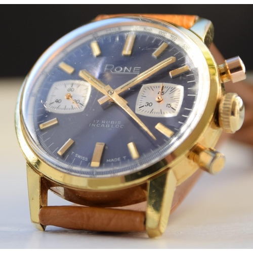 209 - RONE VALJOUX CHRONOGRAPH WITH BLUE DIAL IN GOLD PLATE 1970S. MANUAL WIND VALJOUX CALIBER, gold pate,... 