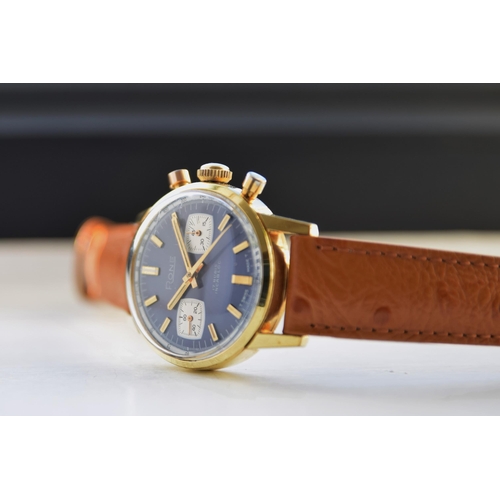 209 - RONE VALJOUX CHRONOGRAPH WITH BLUE DIAL IN GOLD PLATE 1970S. MANUAL WIND VALJOUX CALIBER, gold pate,... 