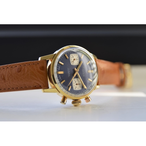 209 - RONE VALJOUX CHRONOGRAPH WITH BLUE DIAL IN GOLD PLATE 1970S. MANUAL WIND VALJOUX CALIBER, gold pate,... 