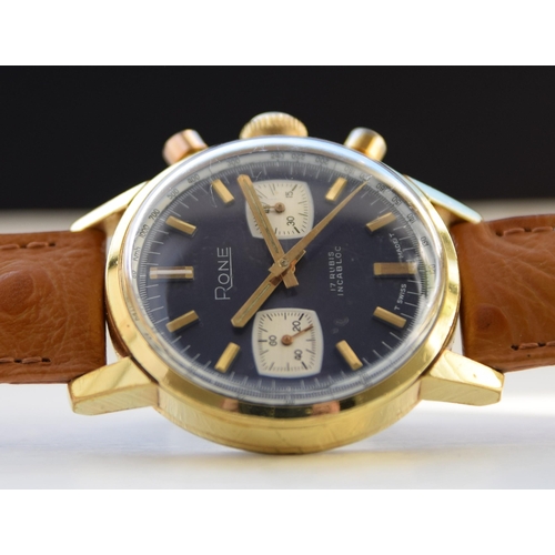 209 - RONE VALJOUX CHRONOGRAPH WITH BLUE DIAL IN GOLD PLATE 1970S. MANUAL WIND VALJOUX CALIBER, gold pate,... 