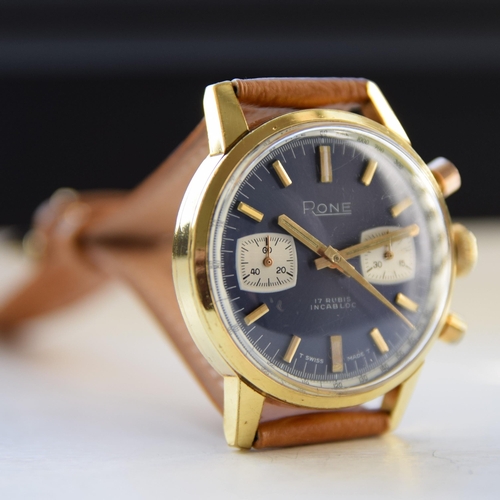 209 - RONE VALJOUX CHRONOGRAPH WITH BLUE DIAL IN GOLD PLATE 1970S. MANUAL WIND VALJOUX CALIBER, gold pate,... 