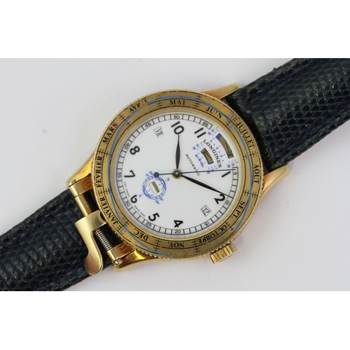 21 - 18CT LONGINES EPHEMERIDES SOLAIRES WRISTWATCH, White dial with Arabic numeral hour markers with date... 