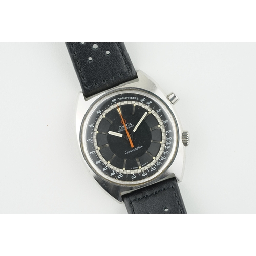 222 - OMEGA CHRONOSTOP SEAMASTER WRISTWATCH REF. 145.007, circular black dial with stick hour markers and ... 