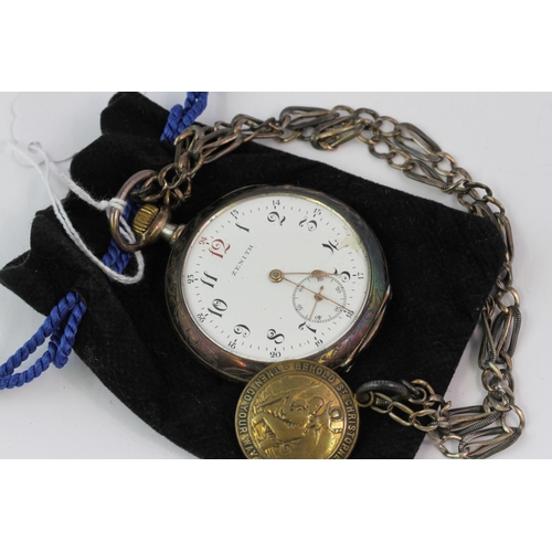 300 - SILVER ZENITH POCKET WATCH, white dial signed Zenith, with Arabic numeral hour markers, in an Art De... 