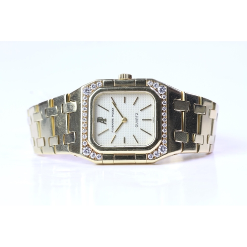 308 - LADIES 18CT AUDEMARS PIGUET DIAMOND SET QUARTZ,  rectangular waffle dial, 25mm 18ct gold case with d... 