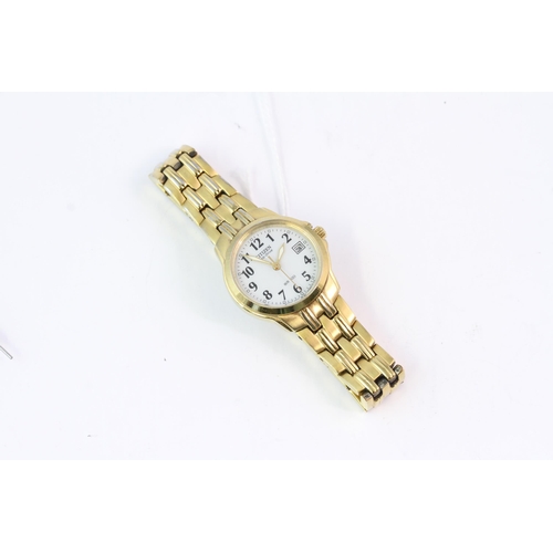 316 - 25MM GOLD PLATED LADIES CITIZEN WATCH, white dial with Arabic numeral hour markers and date window a... 