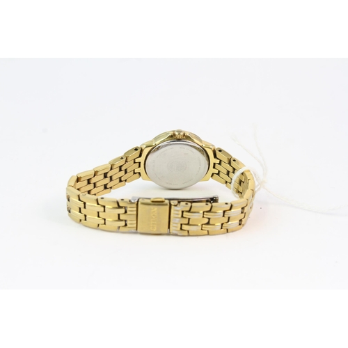 316 - 25MM GOLD PLATED LADIES CITIZEN WATCH, white dial with Arabic numeral hour markers and date window a... 