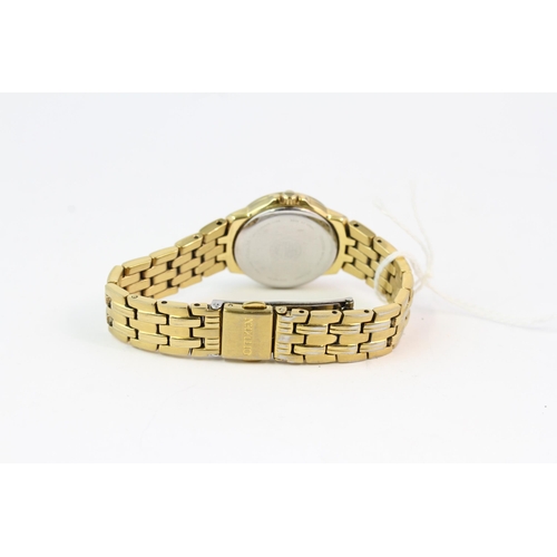 316 - 25MM GOLD PLATED LADIES CITIZEN WATCH, white dial with Arabic numeral hour markers and date window a... 