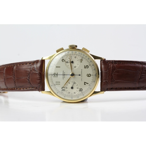 318 - VINTAGE 18CT UNIVERSAL GENEVE UNI-COMPAX REFERENCE 12445 CIRCA 1950S, silvered dial with Arabic hour... 