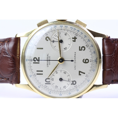 318 - VINTAGE 18CT UNIVERSAL GENEVE UNI-COMPAX REFERENCE 12445 CIRCA 1950S, silvered dial with Arabic hour... 