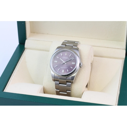 339 - ROLEX OYSTER PERPETUAL RED GRAPE REFERENCE 116000 BOX AND PAPERS 2015, circular sunburst red grape d... 