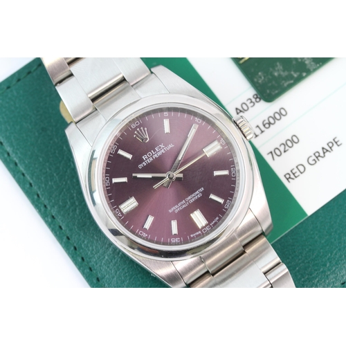 339 - ROLEX OYSTER PERPETUAL RED GRAPE REFERENCE 116000 BOX AND PAPERS 2015, circular sunburst red grape d... 