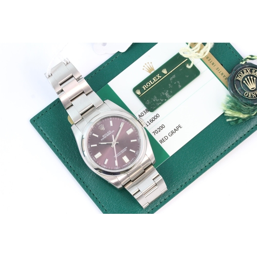 339 - ROLEX OYSTER PERPETUAL RED GRAPE REFERENCE 116000 BOX AND PAPERS 2015, circular sunburst red grape d... 