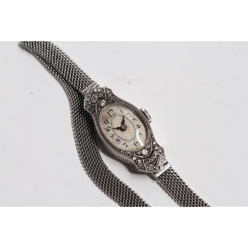 354 - VINTAGE PLATINUM DIAMOND CASE LADIES WATCH, oval patina dial with arabic numeral hour markers, 13.5m... 