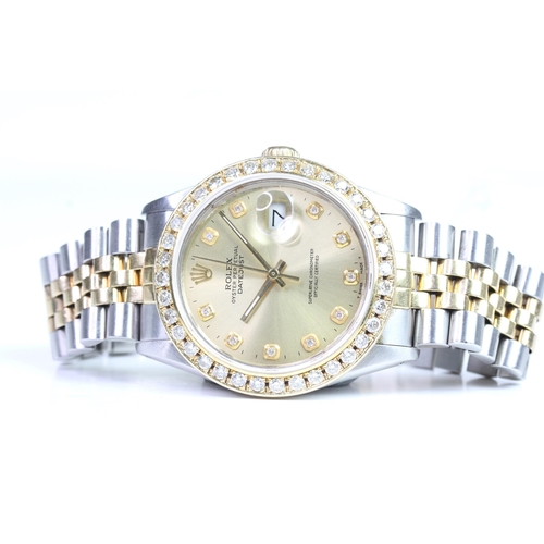 355 - ROLEX DATEJUST STEEL AND GOLD DIAMOND DOT DIAL REFERENCE 16013, circular champagne dial with diamond... 