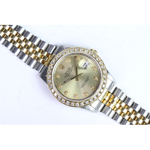 355 - ROLEX DATEJUST STEEL AND GOLD DIAMOND DOT DIAL REFERENCE 16013, circular champagne dial with diamond... 