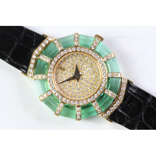 373 - LADIES 18CT DIAMOND AND GREEN CRYSTAL CORUM PRINCESS LIMELIGHT, circular diamond dial, 26mm 18ct gol... 