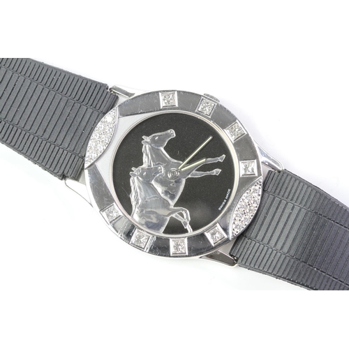 374 - 18CT CORUM FOR ASPREY DIAMOND BEZEL WRIST WATCH, black circular dial with two galloping horses, diam... 