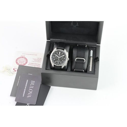 380 - BULOVA LUNAR PILOT APOLLO 15 BOX AND PAPERS 2018, circular black dial with applied baton hour marker... 