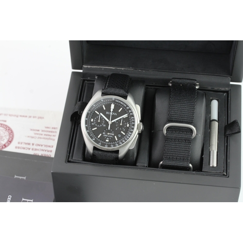 380 - BULOVA LUNAR PILOT APOLLO 15 BOX AND PAPERS 2018, circular black dial with applied baton hour marker... 