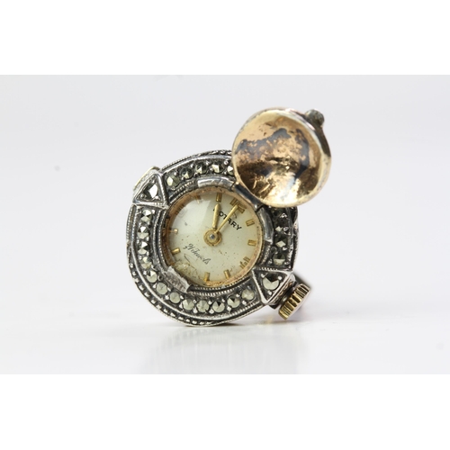 381 - INTERESTING ORIGINAL ROTARY RING WATCH CIRCA 1960S,  purpose built ring watch with marcasite set top... 