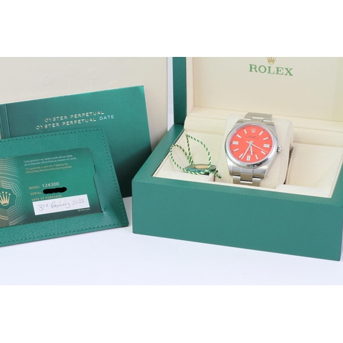 42 - ROLEX OYSTER PERPETUAL 41 CORAL RED REFERENCE 124300 BOX AND PAPERS 2022, circular coral red dial wi... 