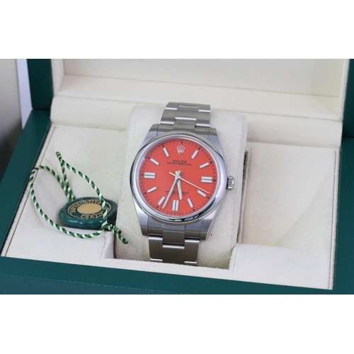 42 - ROLEX OYSTER PERPETUAL 41 CORAL RED REFERENCE 124300 BOX AND PAPERS 2022, circular coral red dial wi... 