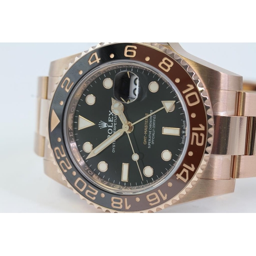 44 - 18CT ROLEX GMT MASTER II 'ROOTBEER' REFERENCE 126715CHNR BOX AND PAPERS 2022, circular gloss black d... 