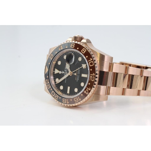 44 - 18CT ROLEX GMT MASTER II 'ROOTBEER' REFERENCE 126715CHNR BOX AND PAPERS 2022, circular gloss black d... 