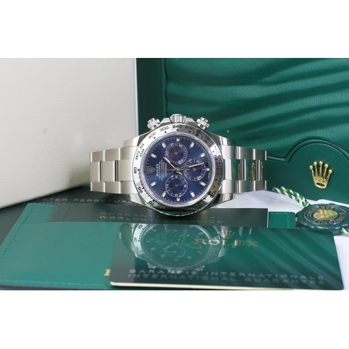 45 - 18CT ROLEX DAYTONA BLUE DIAL REFERENCE 116509 BOX AND PAPERS 2022, circular sunburst blue dial with ... 