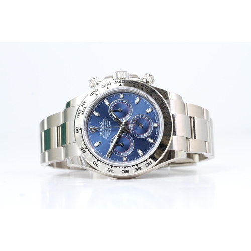 45 - 18CT ROLEX DAYTONA BLUE DIAL REFERENCE 116509 BOX AND PAPERS 2022, circular sunburst blue dial with ... 