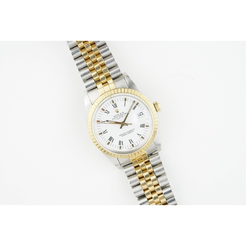 55 - ROLEX OYSTER PERPETUAL DATE STEEL & GOLD ROMAN DIAL FULL SET W/ BOX & GUARANTEE REF. 15053 CIRCA 198... 