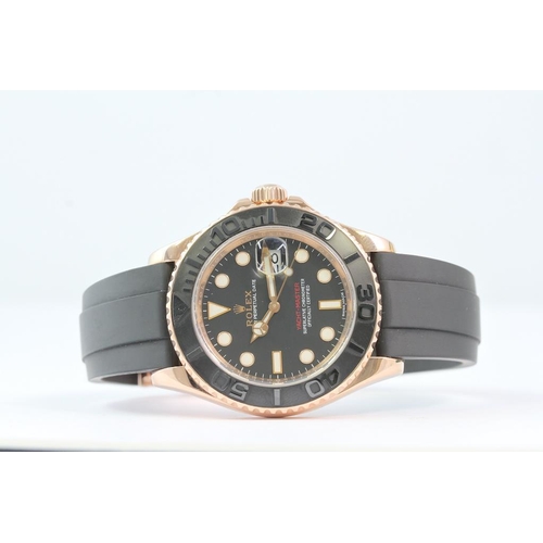 60 - 18CT ROLEX YACHT-MASTER 40 REFERENCE 116655 EVEROSE GOLD BOX AND PAPERS 2017, circular matte black d... 