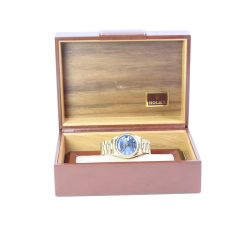 65 - 18CT ROLEX DAY DATE RARE DIAMOND DIAL WITH BOX CIRCA 1978, circular faded colour change sunburst blu... 