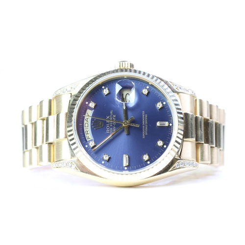 65 - 18CT ROLEX DAY DATE RARE DIAMOND DIAL WITH BOX CIRCA 1978, circular faded colour change sunburst blu... 