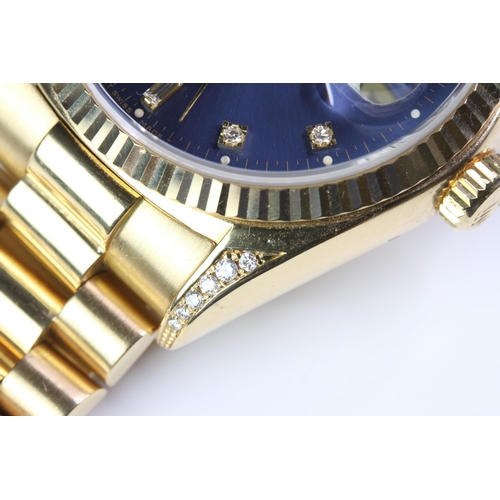 65 - 18CT ROLEX DAY DATE RARE DIAMOND DIAL WITH BOX CIRCA 1978, circular faded colour change sunburst blu... 