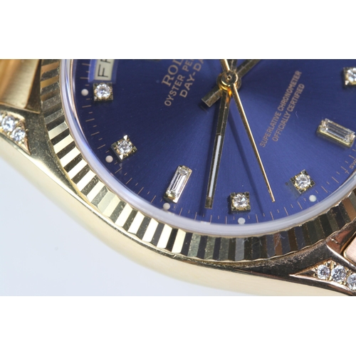 65 - 18CT ROLEX DAY DATE RARE DIAMOND DIAL WITH BOX CIRCA 1978, circular faded colour change sunburst blu... 