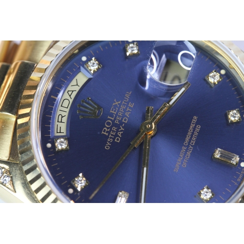 65 - 18CT ROLEX DAY DATE RARE DIAMOND DIAL WITH BOX CIRCA 1978, circular faded colour change sunburst blu... 