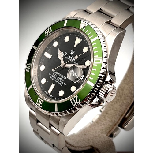 62 - ROLEX SUBMARINER 'KERMIT' 16610LV FULL SET 2010, circular gloss black dial with applied hour markers... 