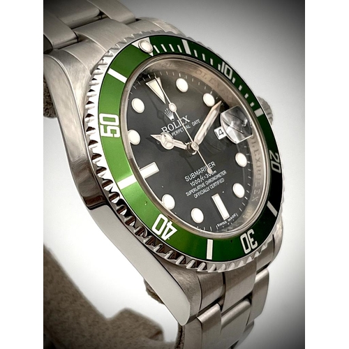 62 - ROLEX SUBMARINER 'KERMIT' 16610LV FULL SET 2010, circular gloss black dial with applied hour markers... 