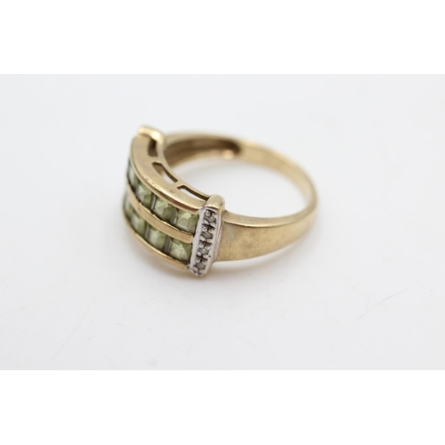 611 - 9ct gold peridot & diamond double row channel setting ring (3.5g)