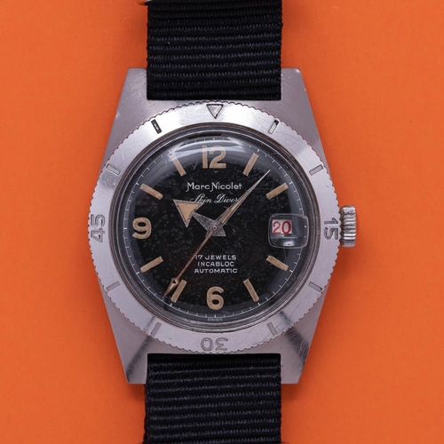 135 - GENTLEMAN'S VINTAGE MARC NICOLET SKIN DIVER AUTOMATIC DATE 37MM, CIRCA. 1960S, circular black dial w... 