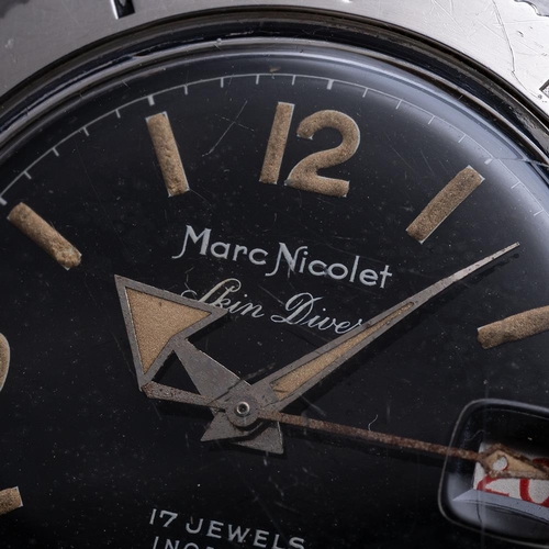 135 - GENTLEMAN'S VINTAGE MARC NICOLET SKIN DIVER AUTOMATIC DATE 37MM, CIRCA. 1960S, circular black dial w... 