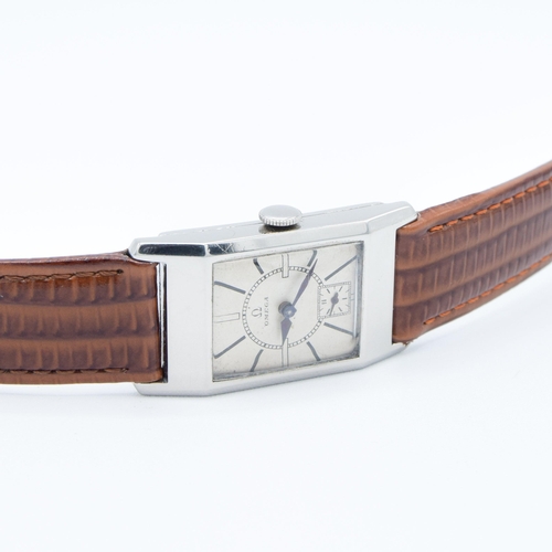 172 - OMEGA DECO STYLE TANK WRISTWATCH CALIBER 20F IN STAINLESS STEEL CASE CIRCA 1934 WITH SUNRISE DIAL. S... 